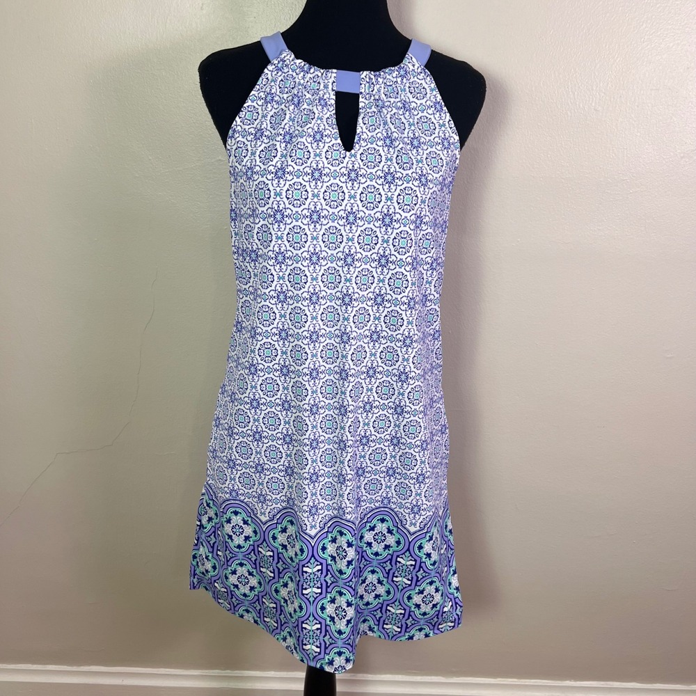 Cabana Life Blue White Tile Print Halter Neck Pocket Shift Dress Small